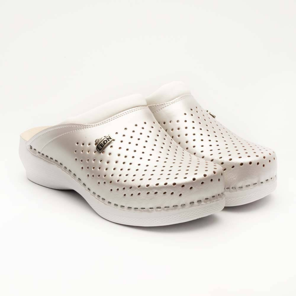 Saboti medicali, unisex, din piele, alb perlat, Leon PU100