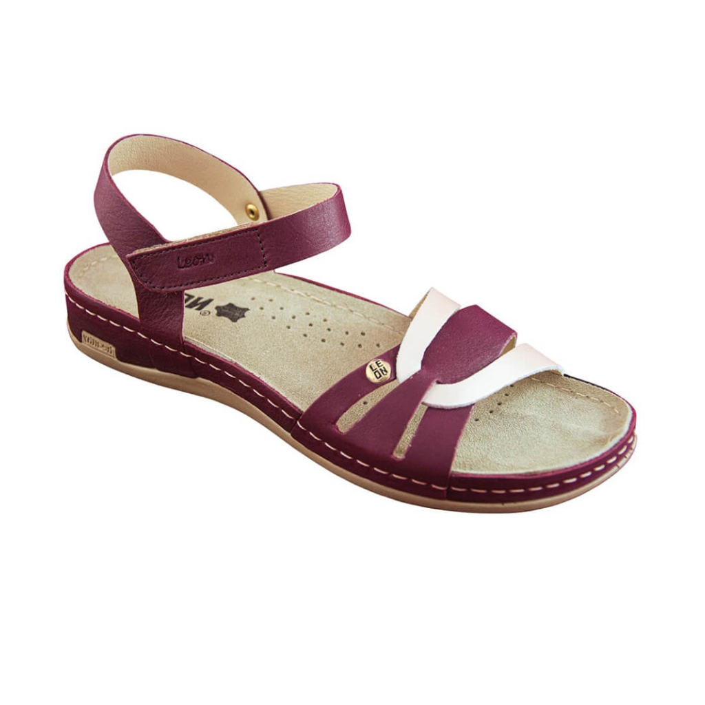 Sandale dama Leon 961, de vara, din piele, bordo/alb