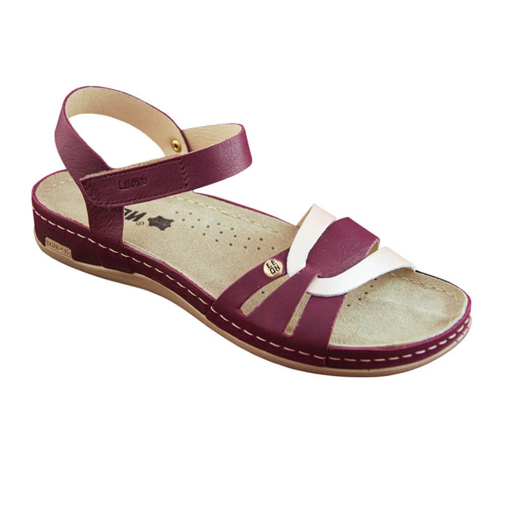 Sandale dama Leon 961, de vara, din piele, bordo/alb